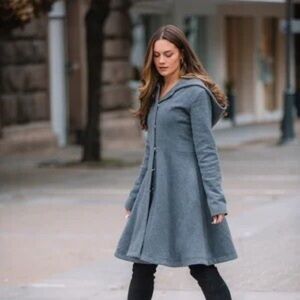 Winter Outwear • Winter Wool Coat • Grey Hooded Midi Winter Coat • Plus Size